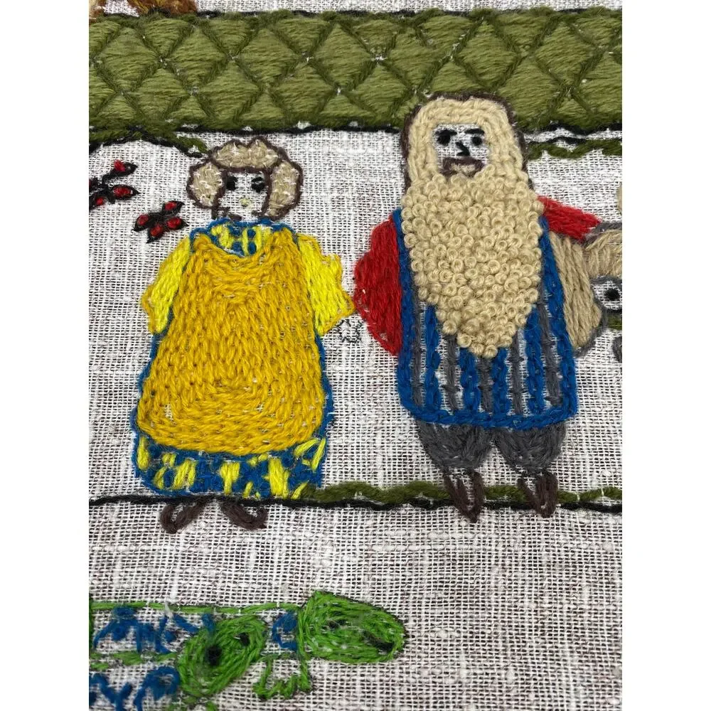 Vintage 1970s Embroidered Noah’s Ark Crewel Stitch Folk Art Nursery Picture